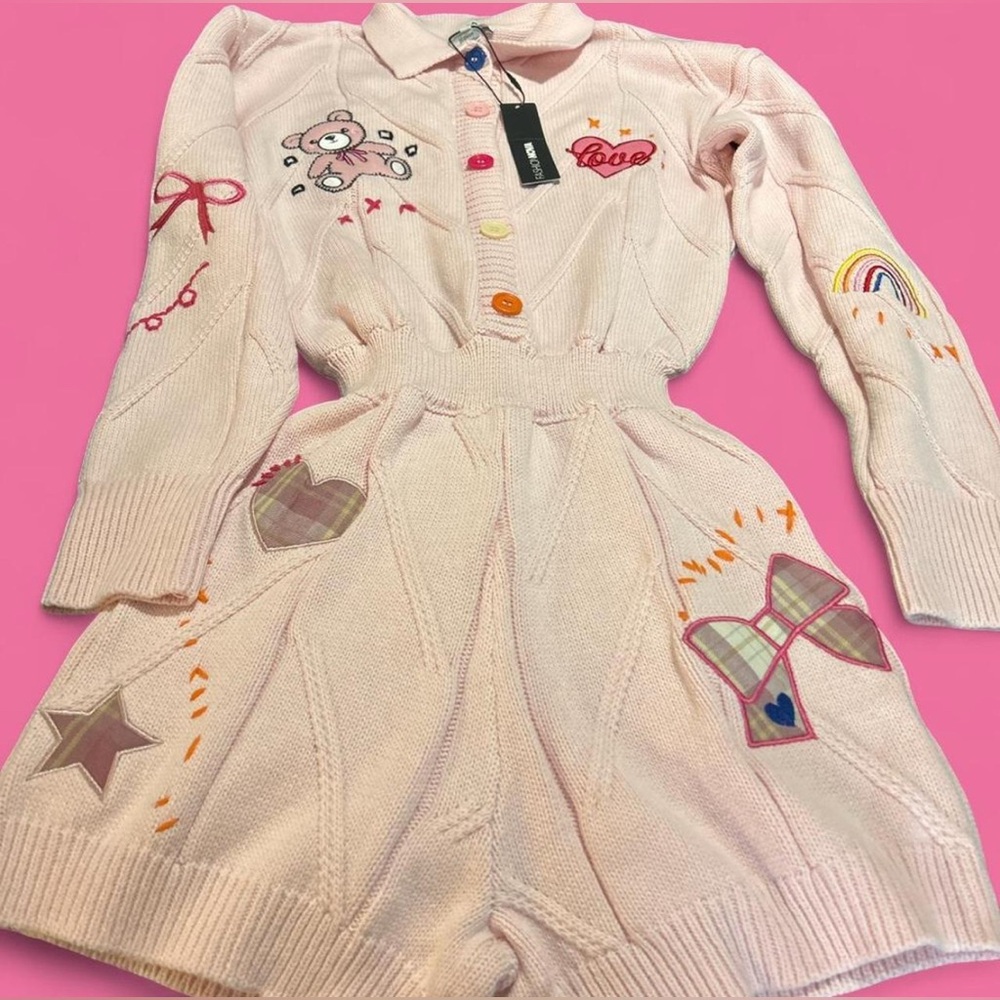 Fashion Nova Light Pink Embroidered Knit Romper